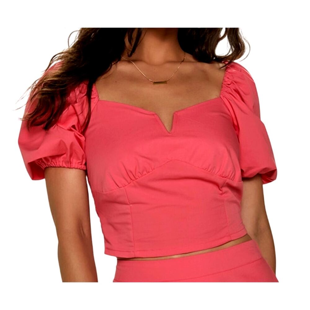 Francesca's Women's Large Coral Pink Sandra Short Puff Sleeve Crop Blouse